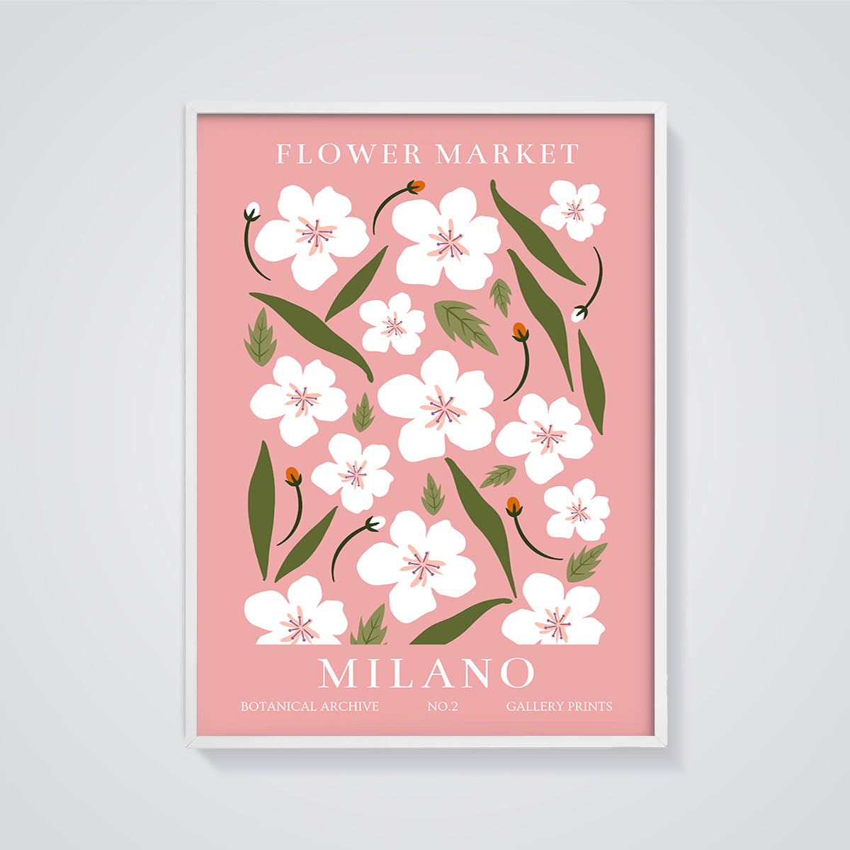 Flower Market Milano Botanical Print framed in white on a grey background