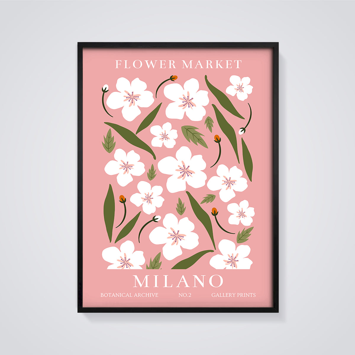 Flower Market Milano Botanical Print framed in black on a grey background