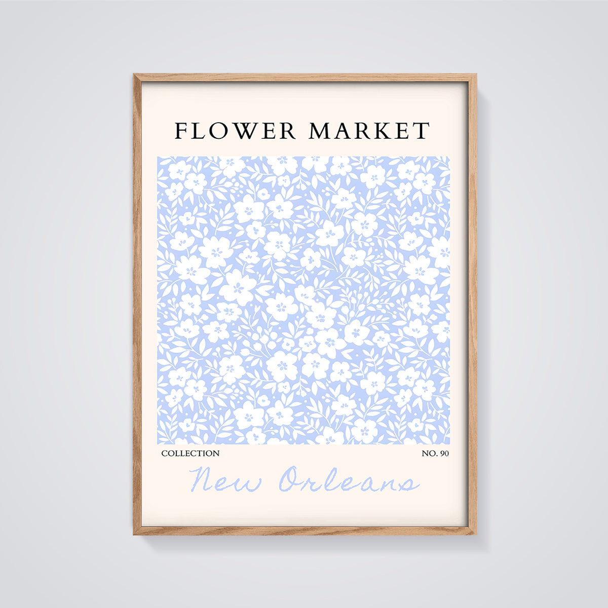 Flower Market New Orleans Print framed in oak on a grey background
