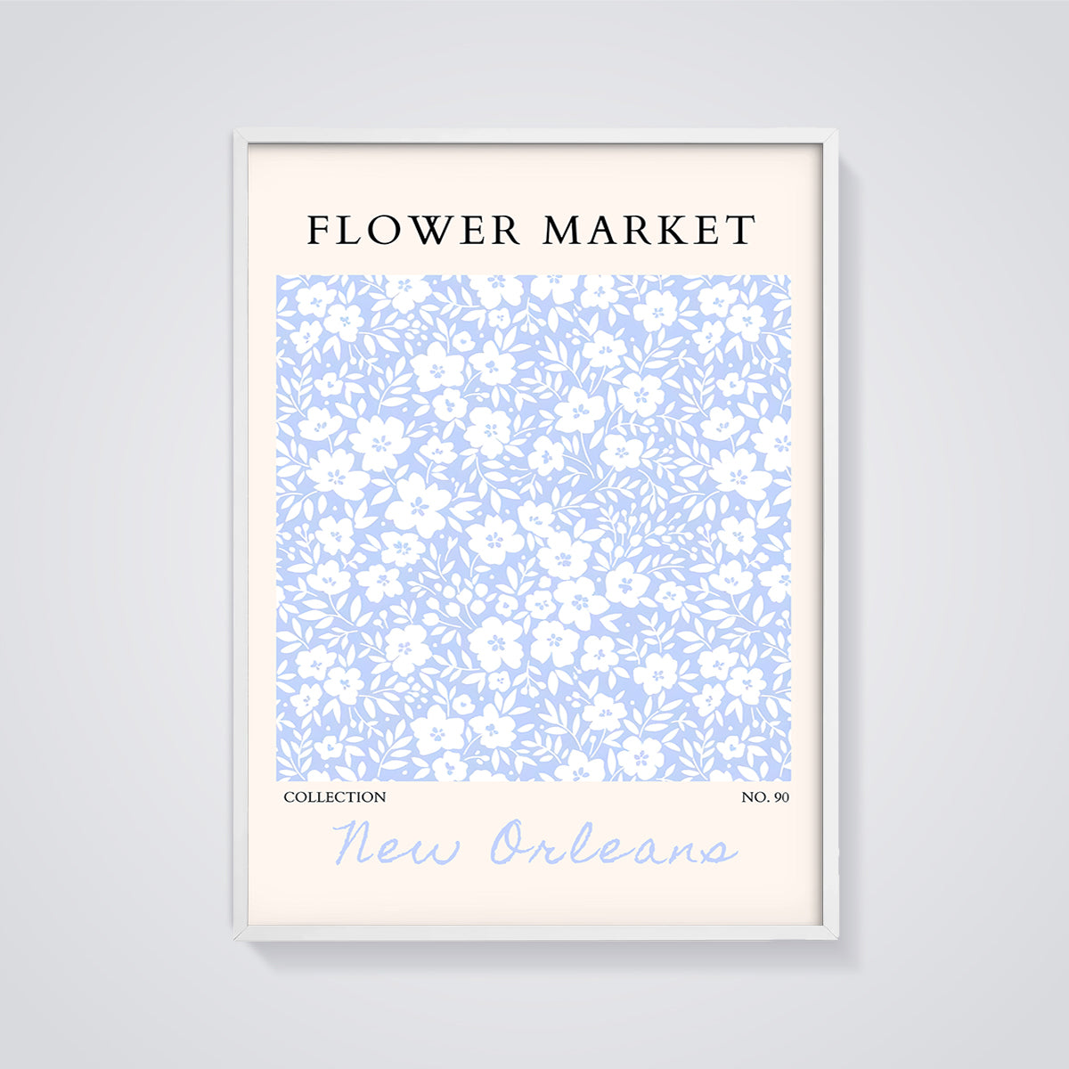 Flower Market New Orleans Print framed in white on a grey background