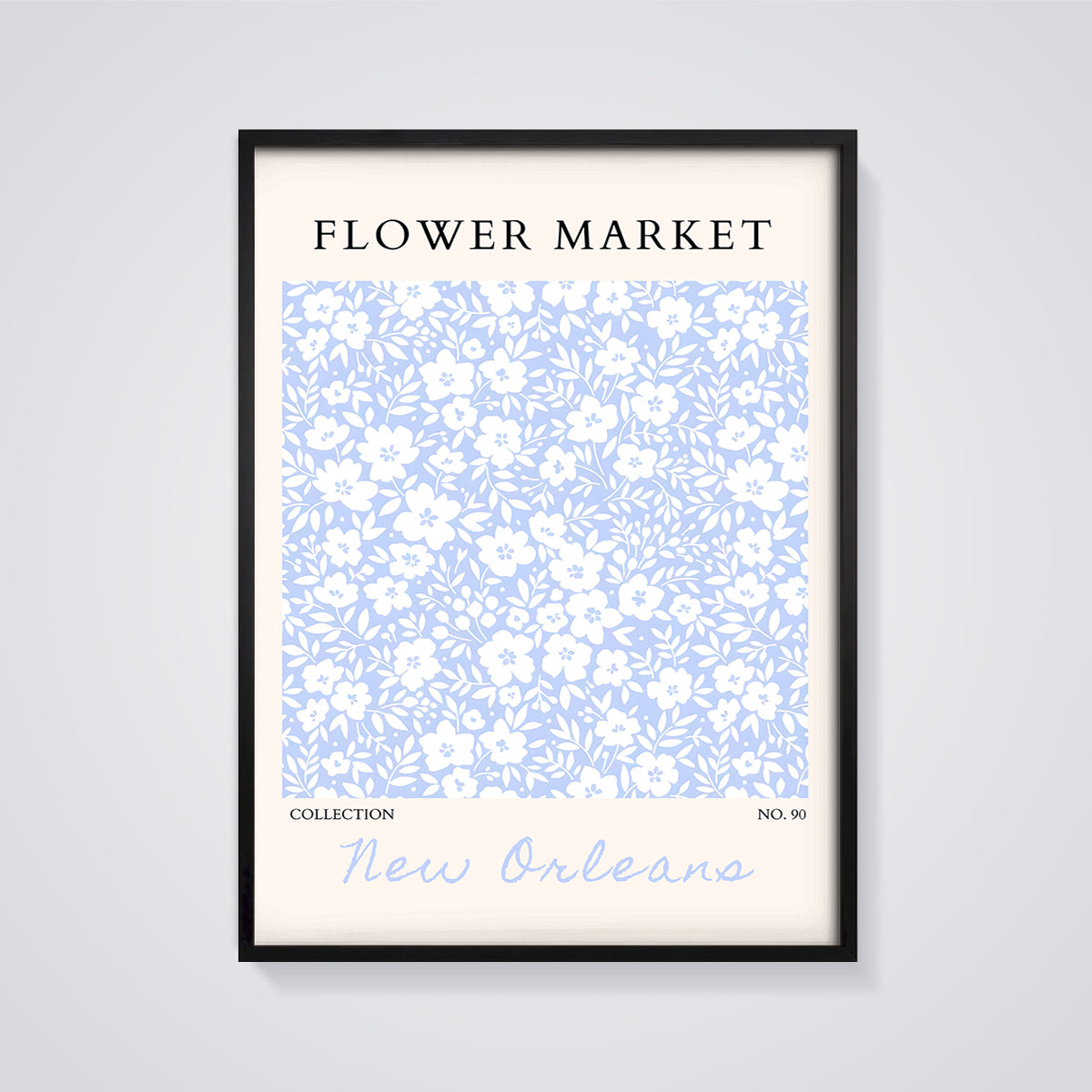 Flower Market New Orleans Print framed in black on a grey background