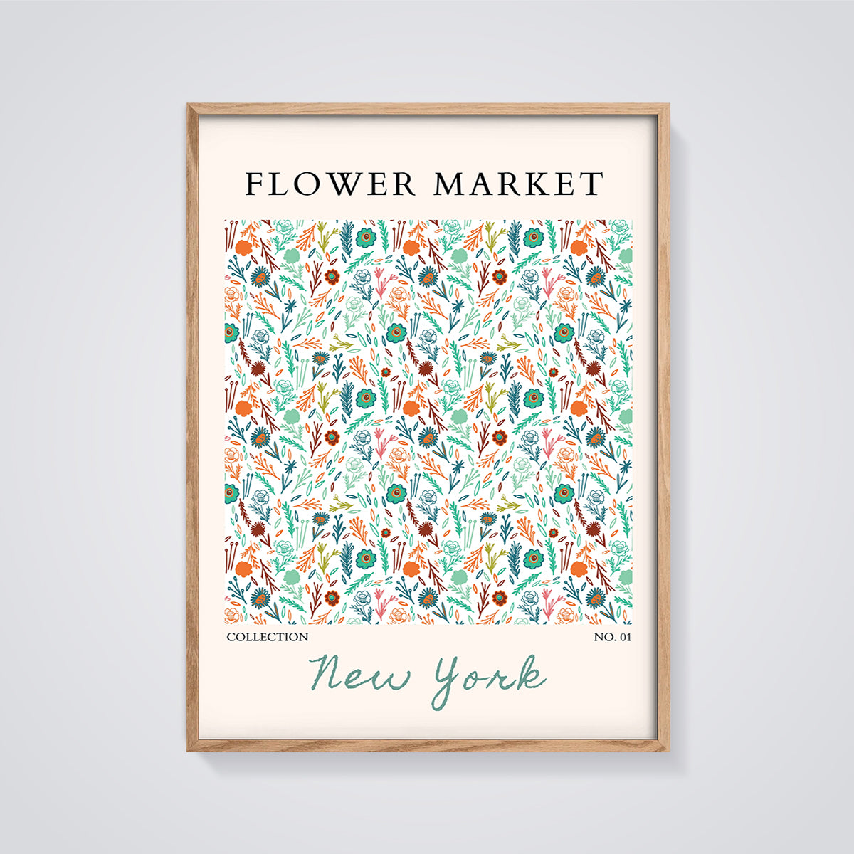 Flower Market New York Botanical Print framed in oak on a grey background