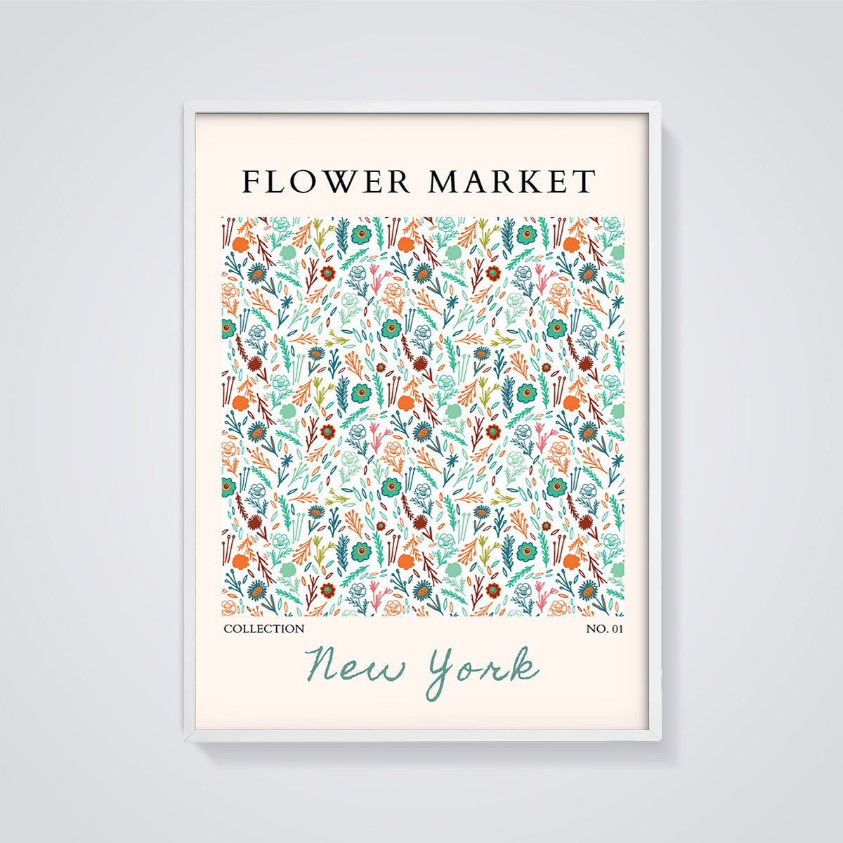 Flower Market New York Botanical Print framed in white on a grey background