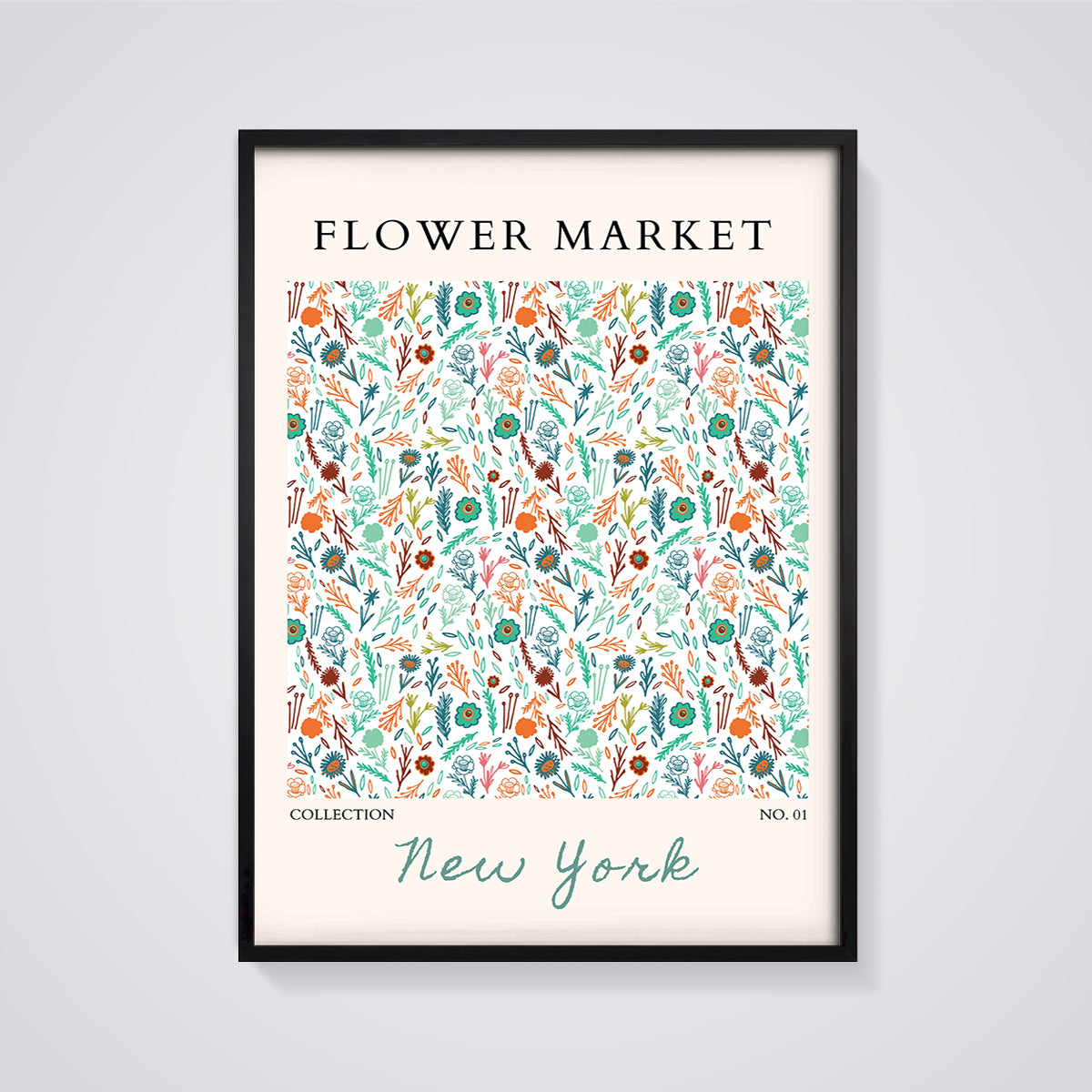 Flower Market New York Botanical Print framed in black on a grey background