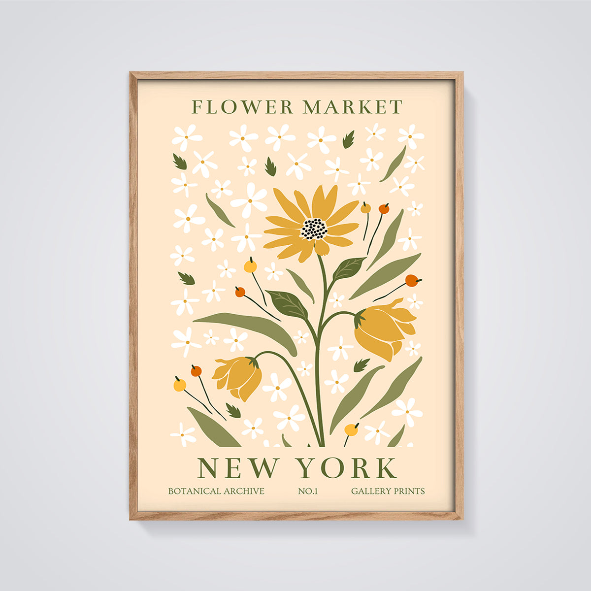 Flower Market New York Print framed in oak on a grey background