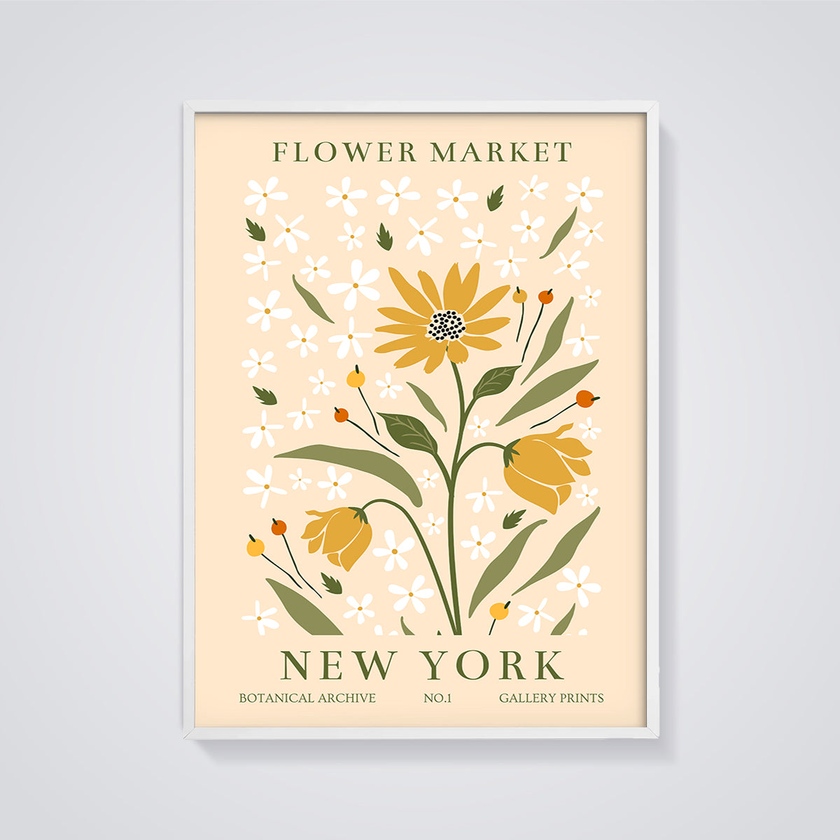 Flower Market New York Print framed in white on a grey background