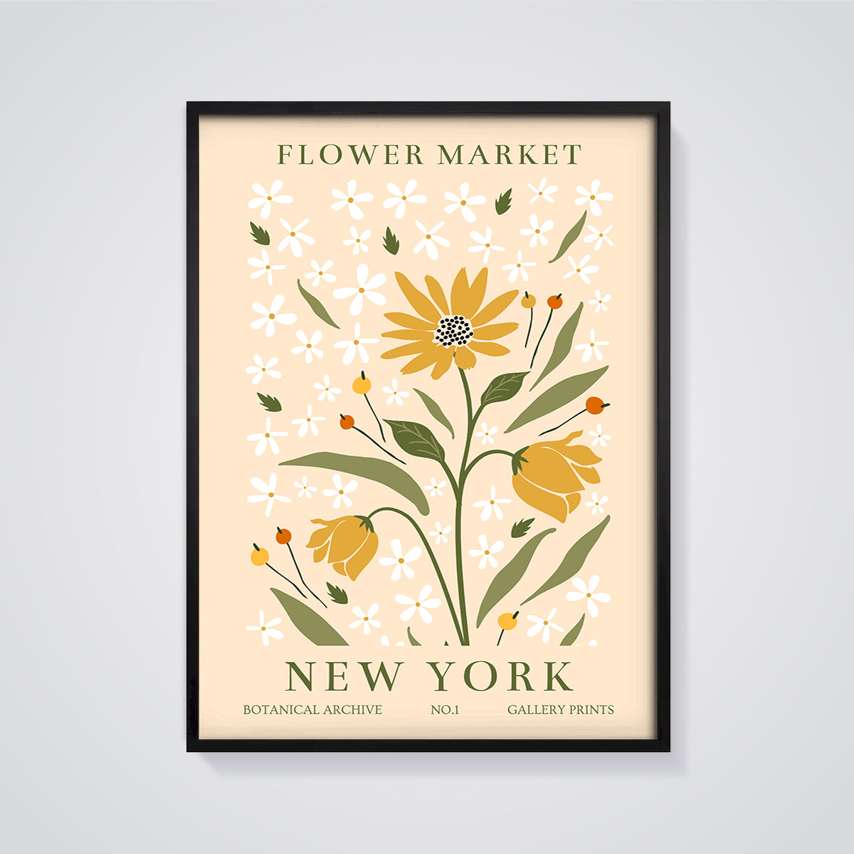 Flower Market New York Print framed in black on a grey background