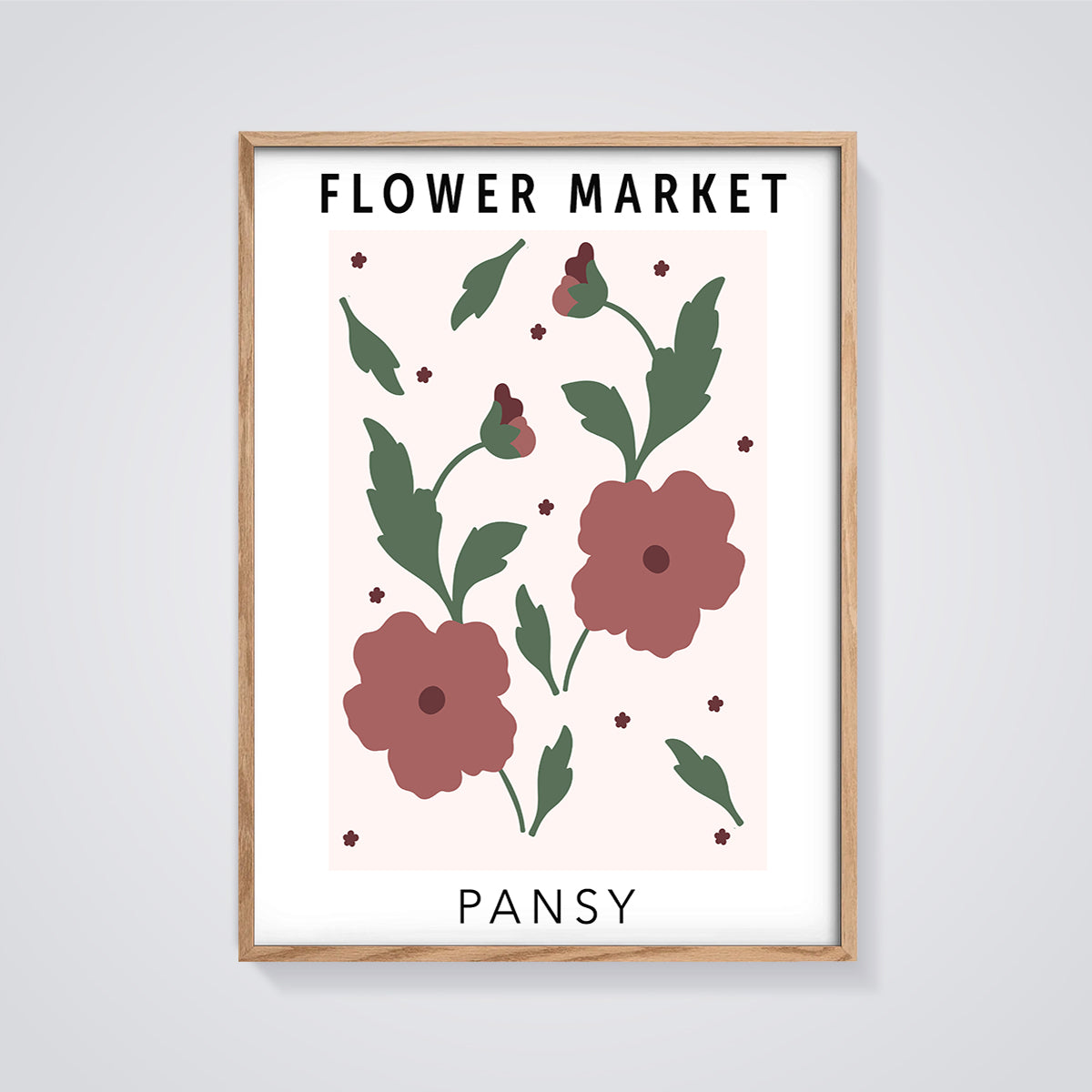 Flower Market Pansy Print framed in oak on a grey background