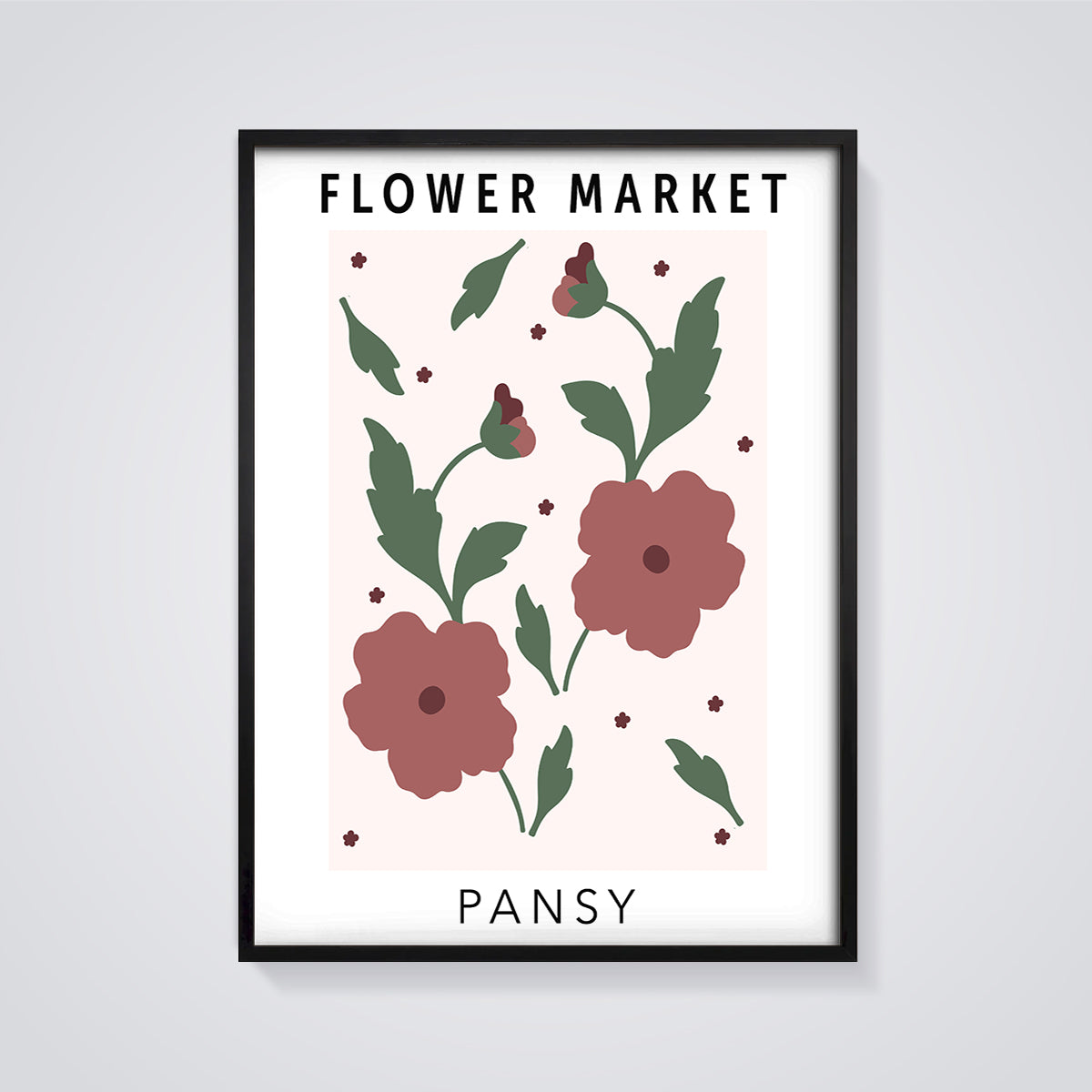Flower Market Pansy Print framed in black on a grey background