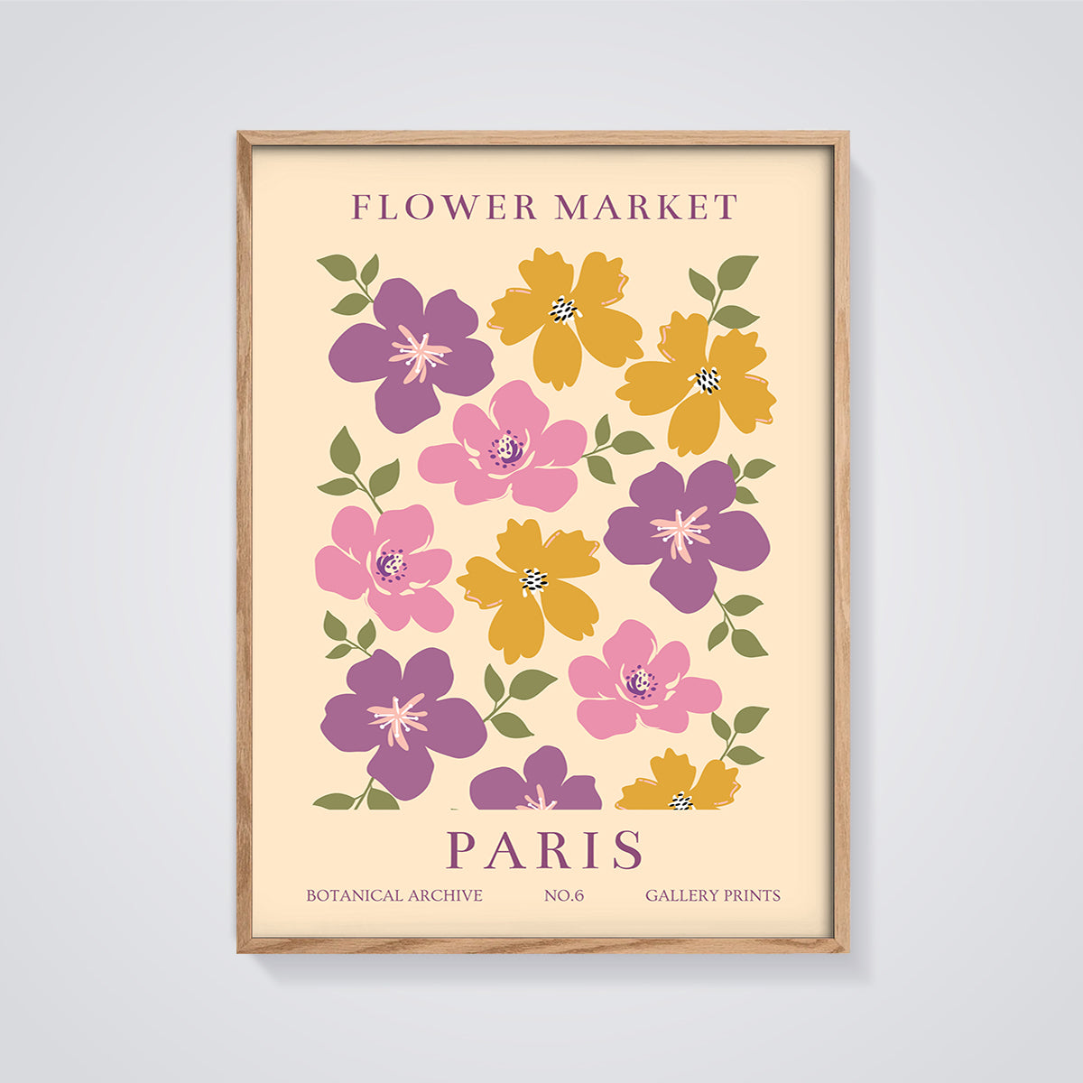 Flower Market Paris Print framed in oak on a grey background