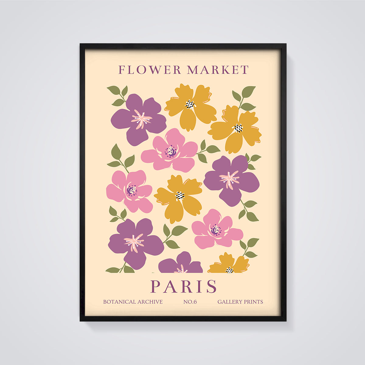 Flower Market Paris Print framed in black on a grey background