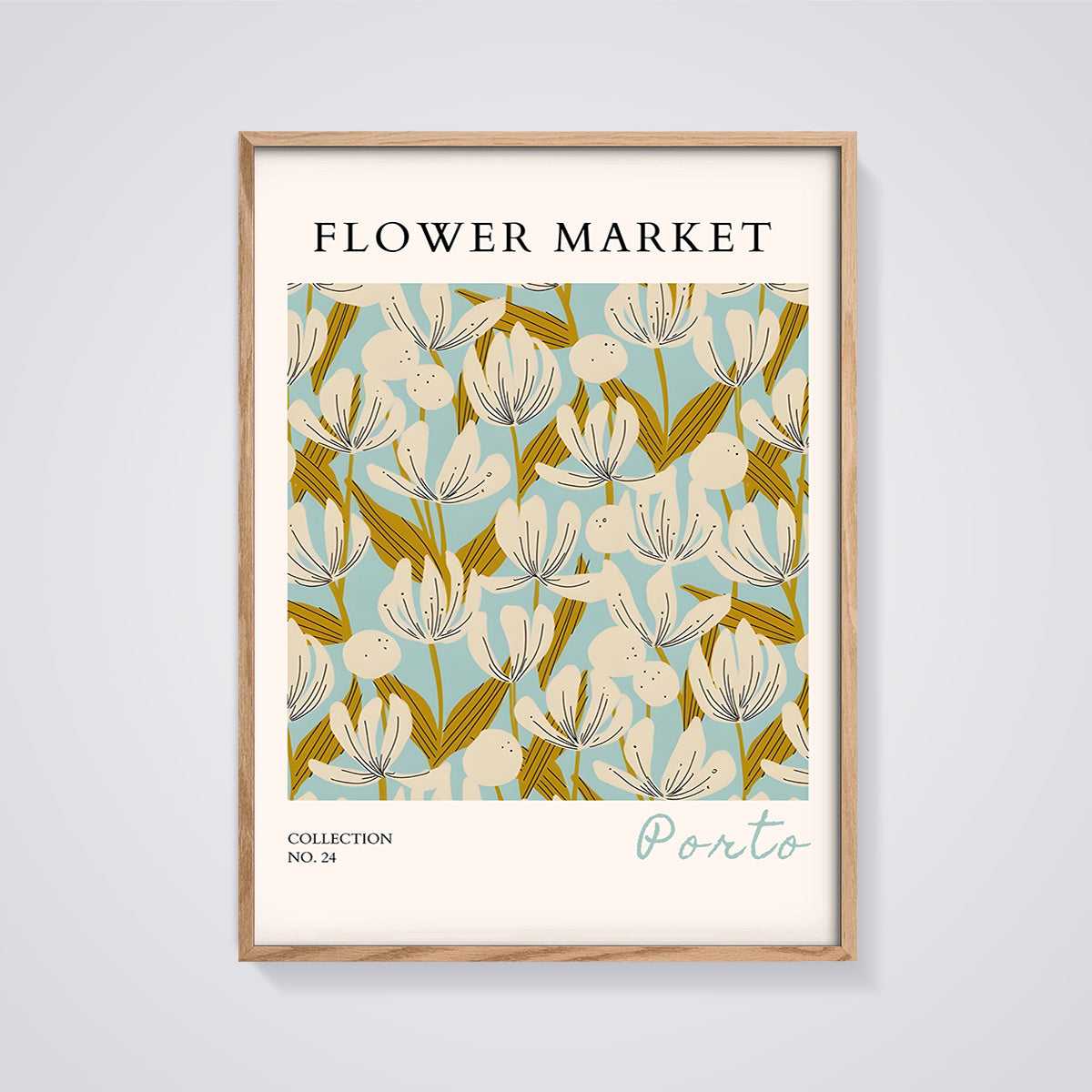 Flower Market Porto Floral Print framed in oak on a grey background