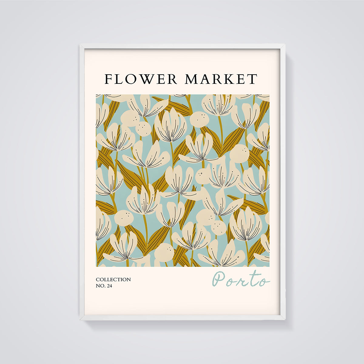 Flower Market Porto Floral Print framed in white on a grey background