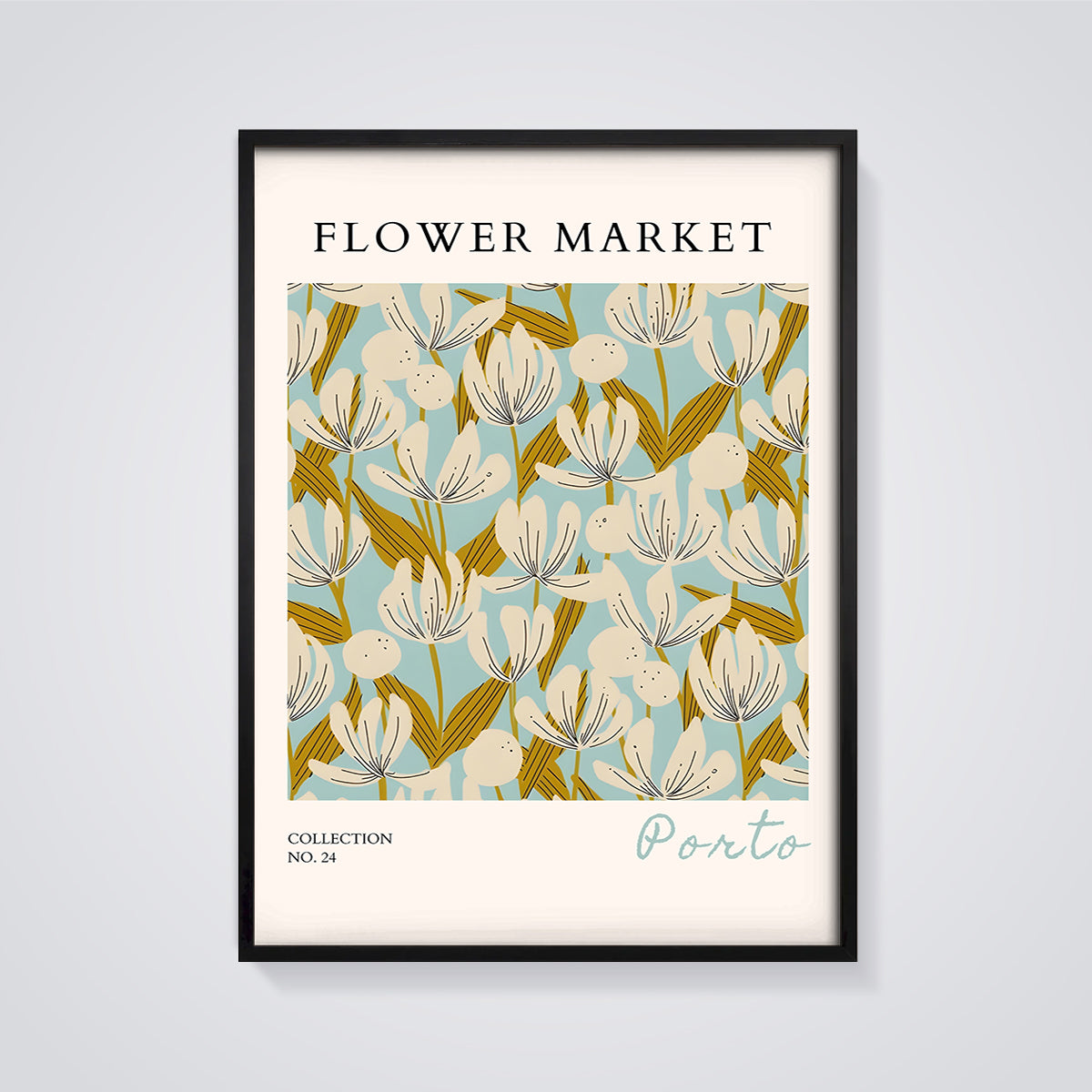 Flower Market Porto Floral Print framed in black on a grey background