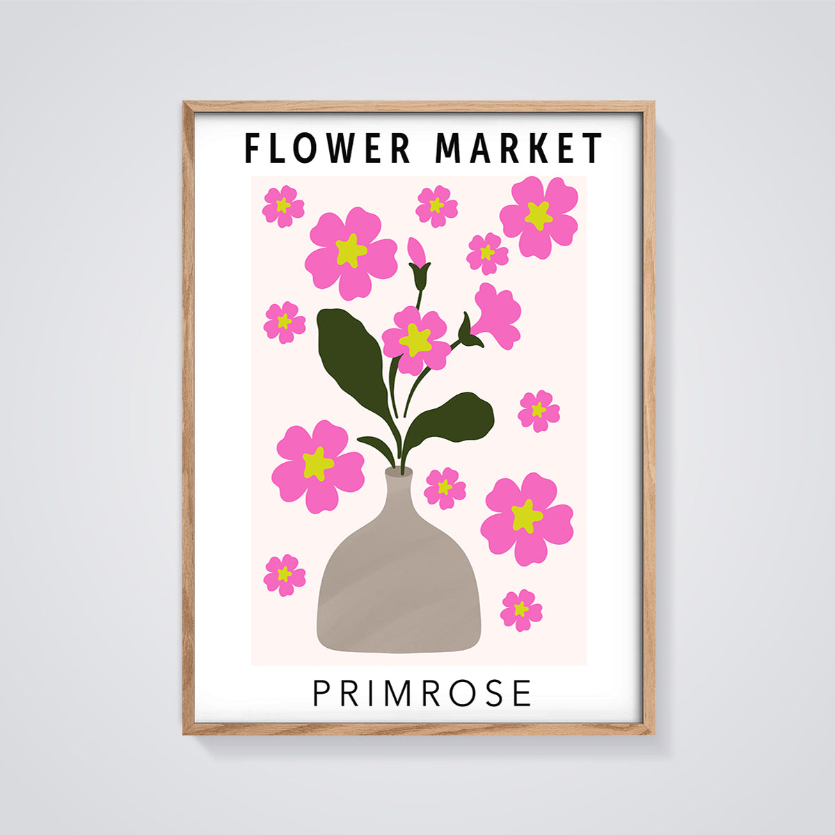 Flower Market Primrose Print framed in oak on a grey background