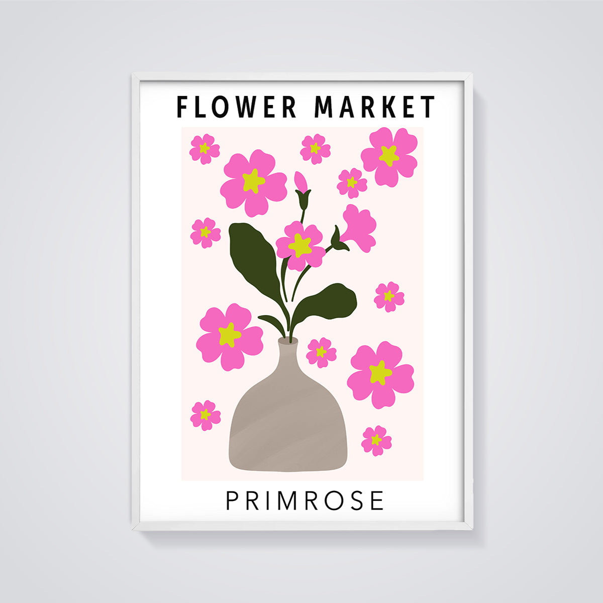 Flower Market Primrose Print framed in white on a grey background