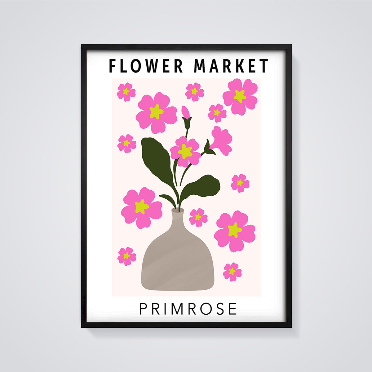Flower Market Primrose Print framed in black on a grey background