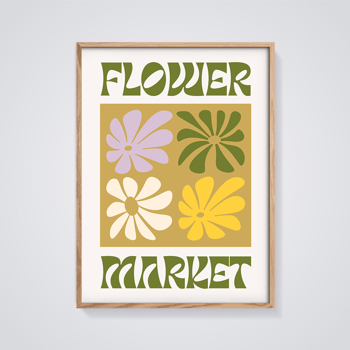 Flower Market Retro Floral Print framed in oak on a grey background
