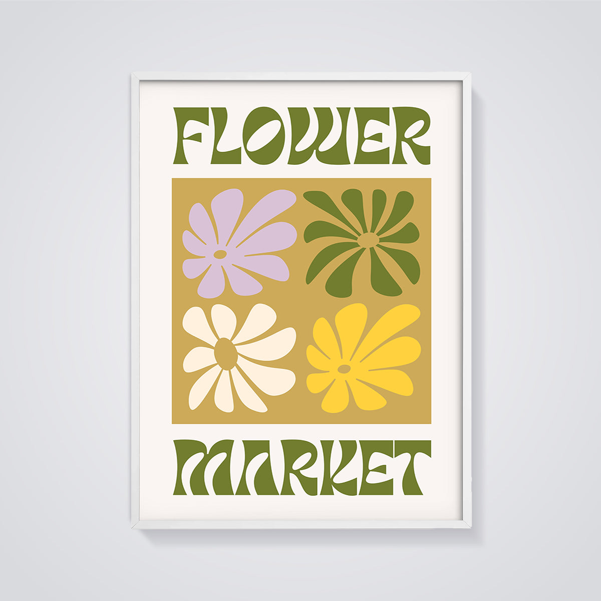 Flower Market Retro Floral Print framed in white on a grey background