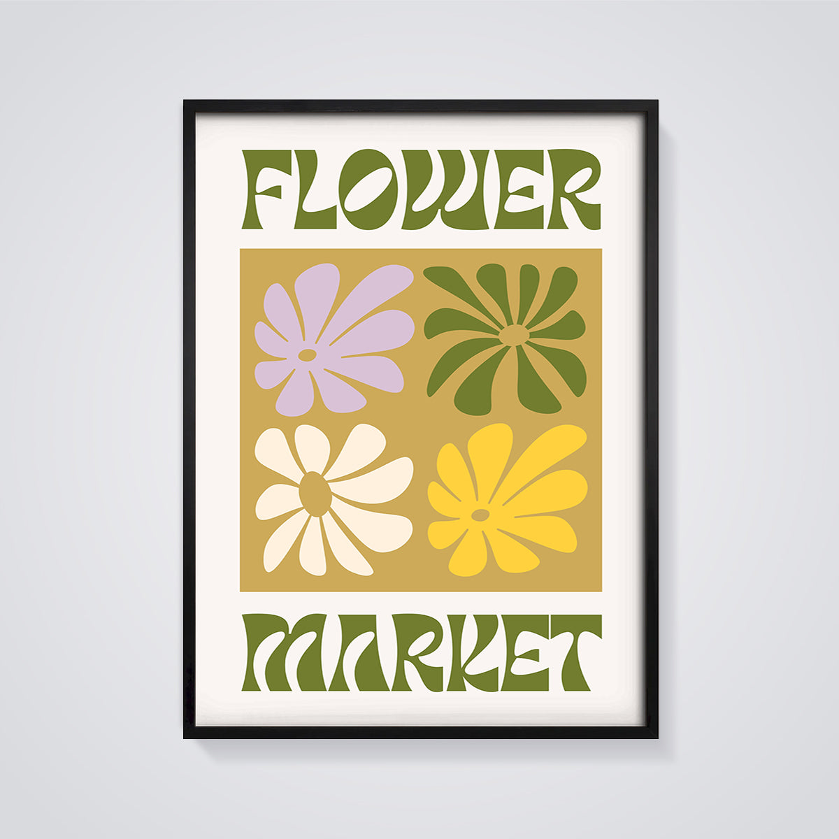Flower Market Retro Floral Print framed in black on a grey background