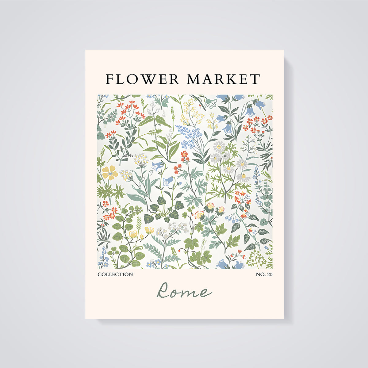 Flower Market Rome Botanical Print unframed on a grey background