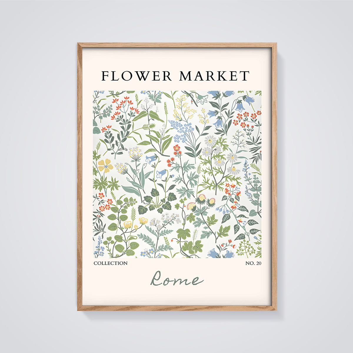 Flower Market Rome Botanical Print framed in oak on a grey background
