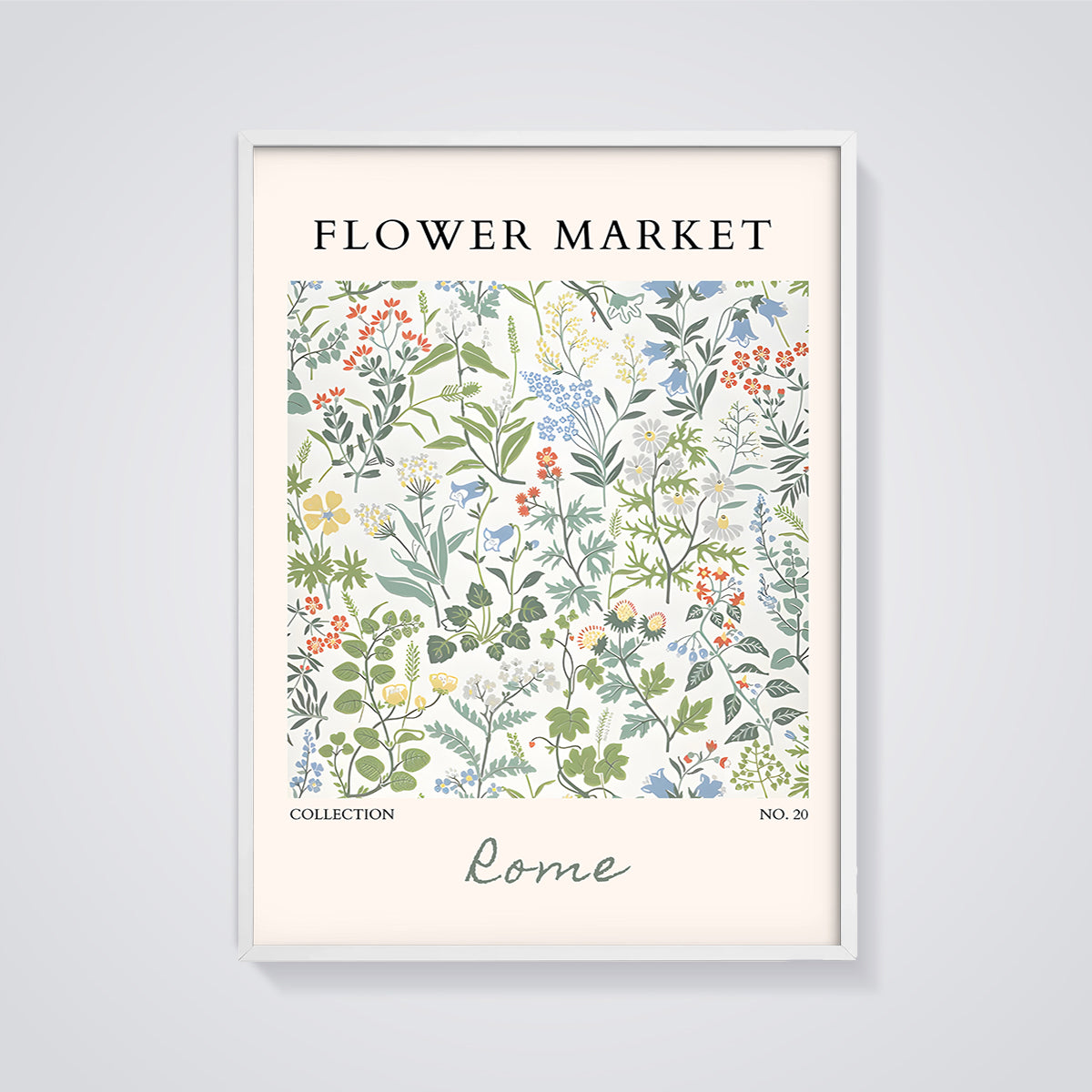 Flower Market Rome Botanical Print framed in white on a grey background