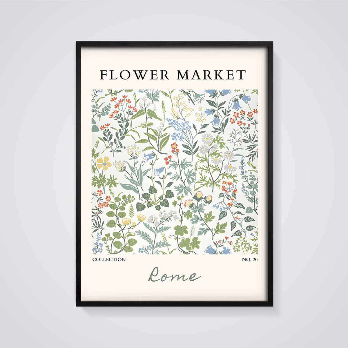 Flower Market Rome Botanical Print framed in black on a grey background