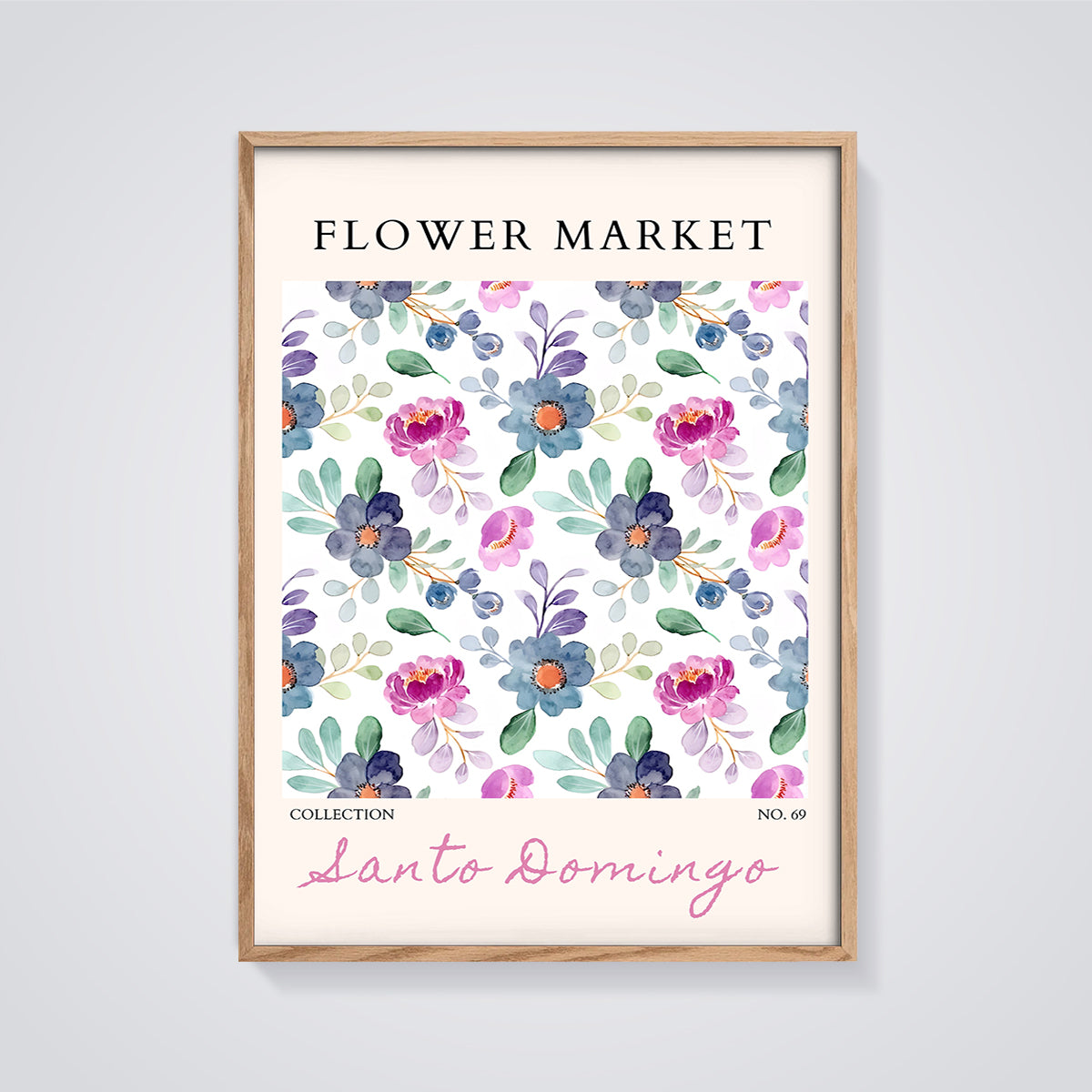Flower Market Santo Domingo Floral Print framed in oak on a grey background