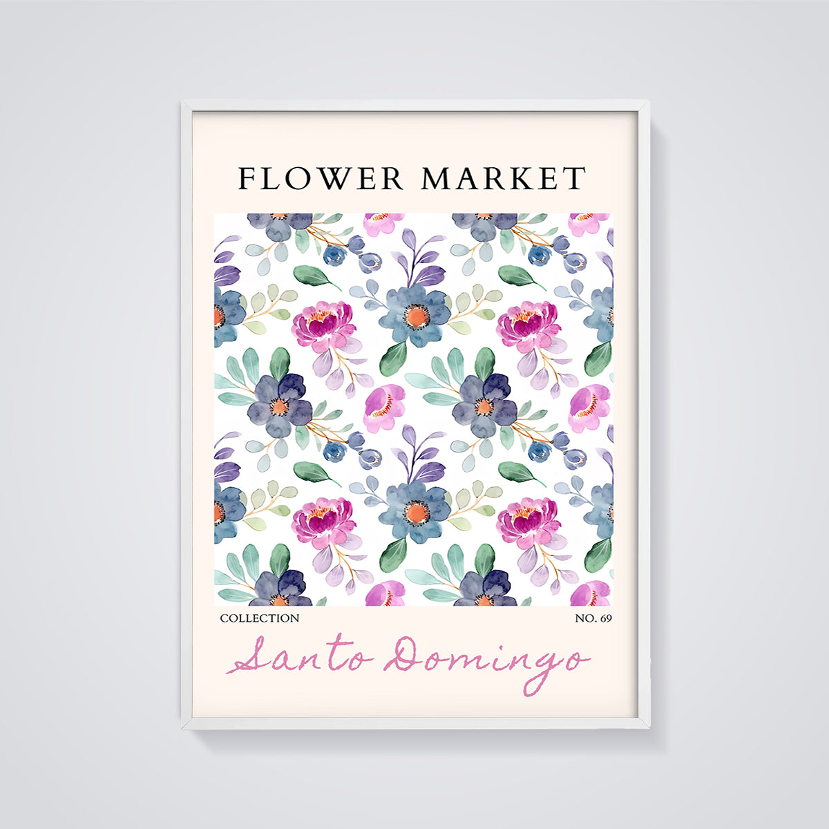 Flower Market Santo Domingo Floral Print framed in white on a grey background