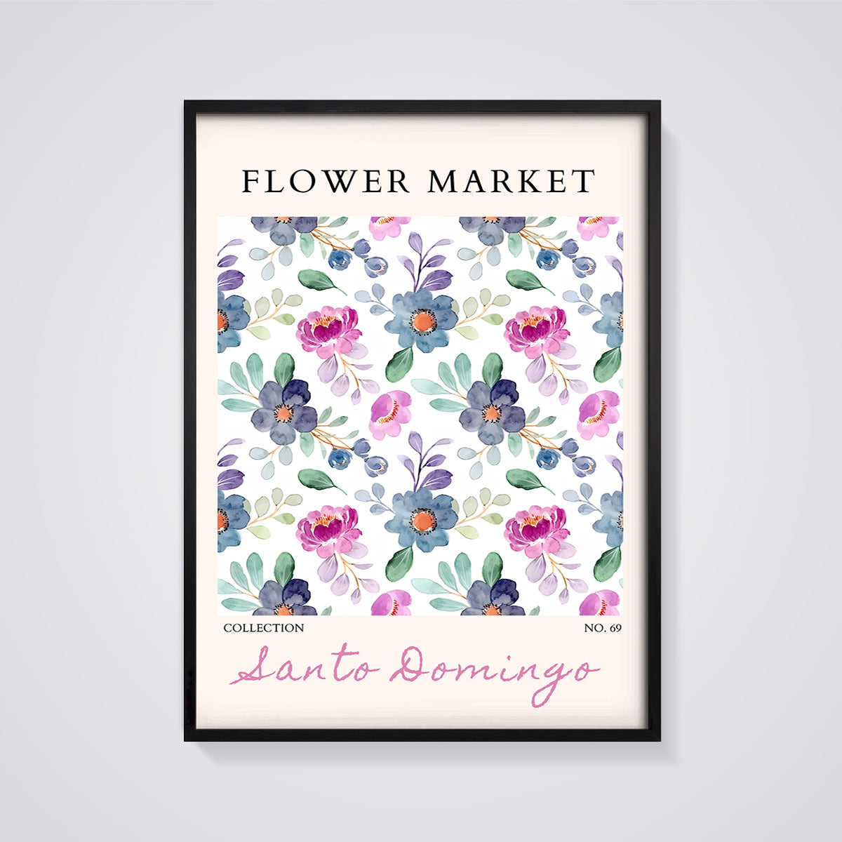 Flower Market Santo Domingo Floral Print framed in black on a grey background