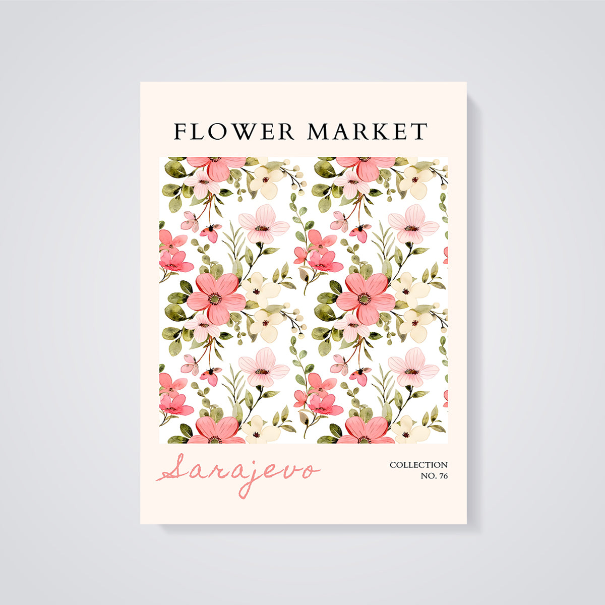 Flower Market Sarajevo Floral Print unframed on a grey background