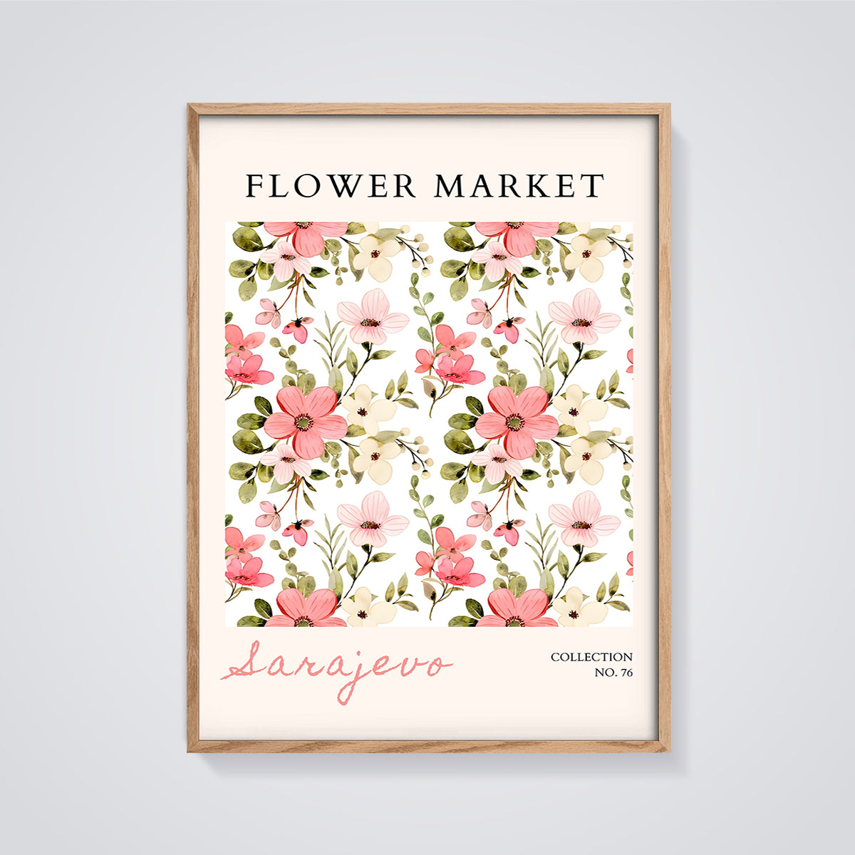 Flower Market Sarajevo Floral Print framed in oak on a grey background