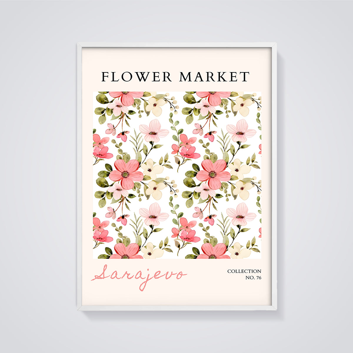 Flower Market Sarajevo Floral Print framed in white on a grey background