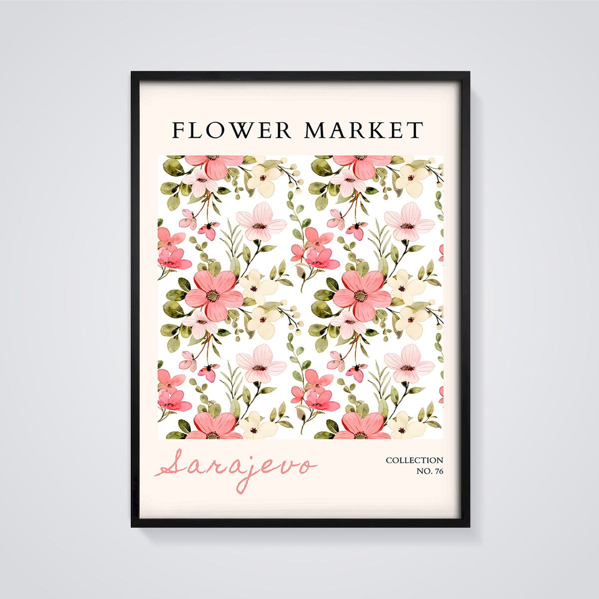 Flower Market Sarajevo Floral Print framed in black on a grey background