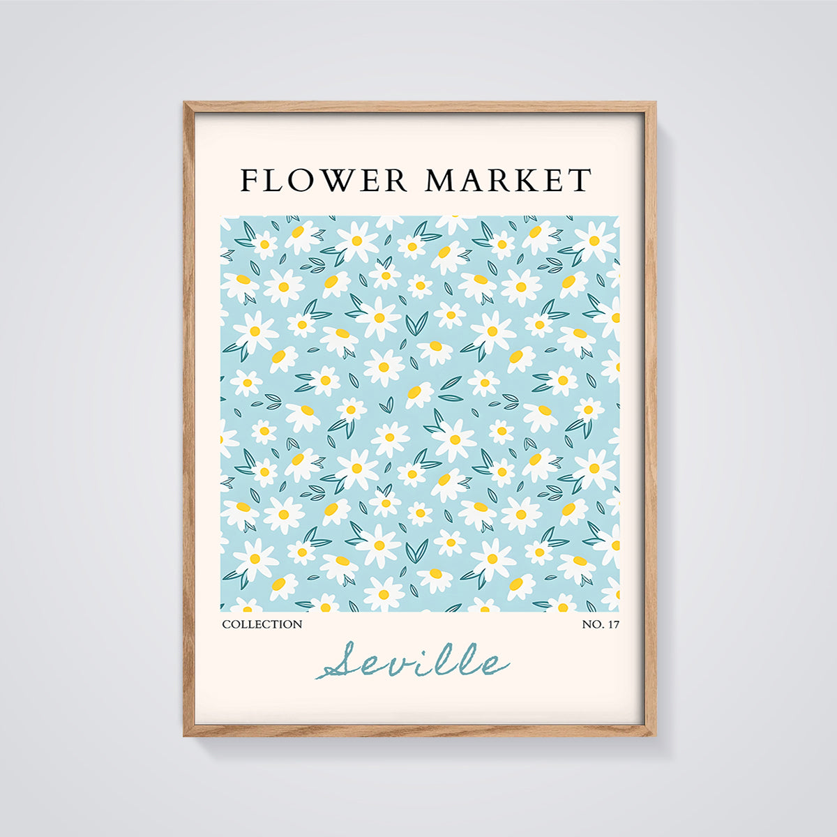 Flower Market Seville Daisies Print framed in oak on a grey background