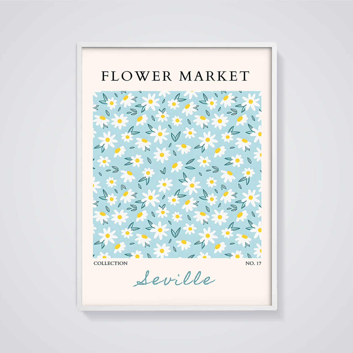 Flower Market Seville Daisies Print framed in white on a grey background