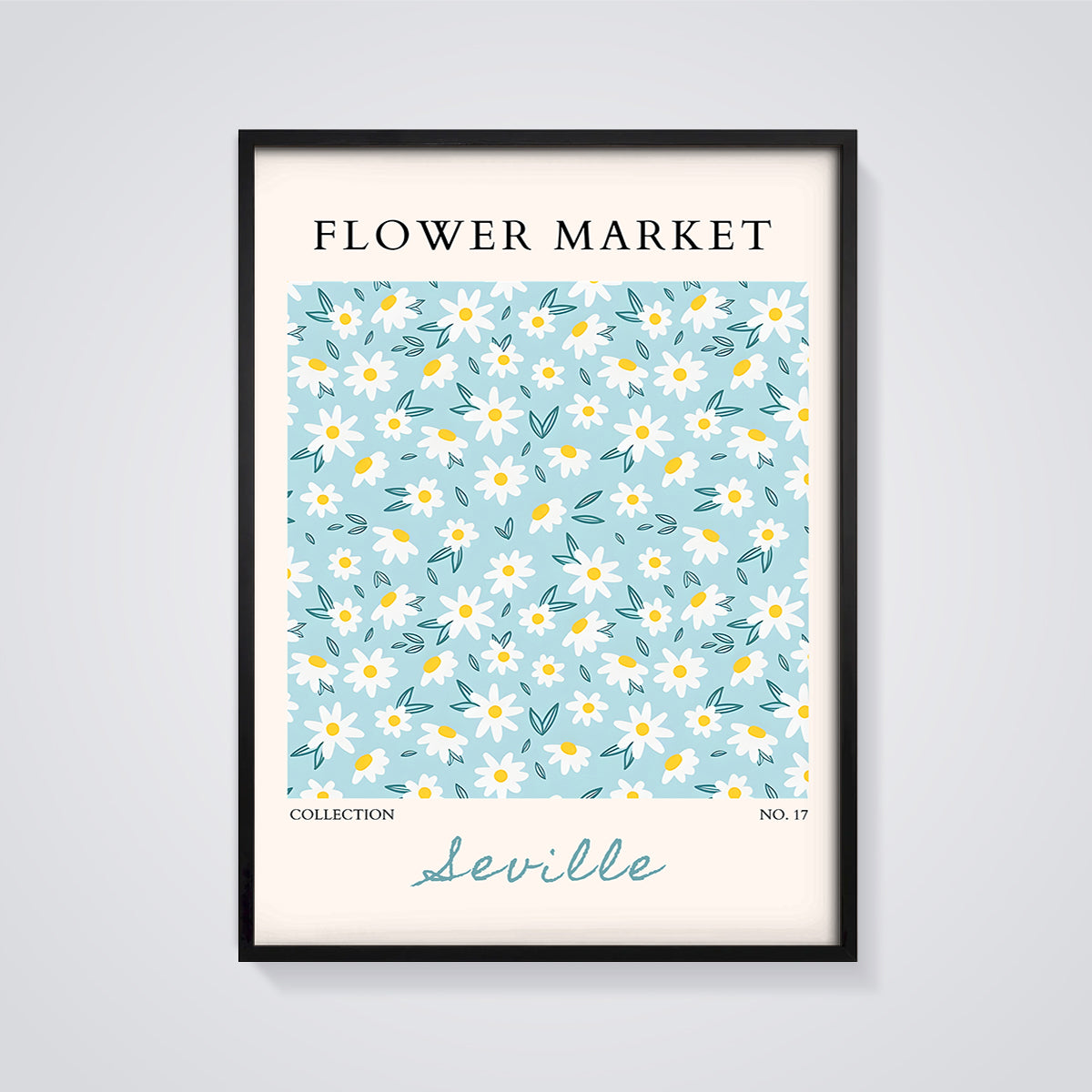 Flower Market Seville Daisies Print framed in black on a grey background