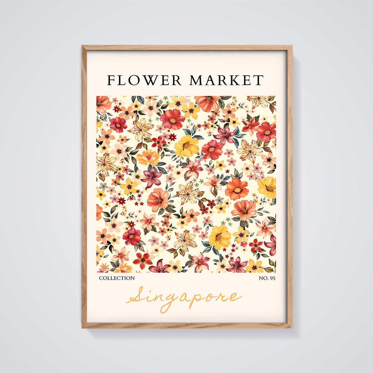 Flower Market Singapore Print framed in oak on a grey background