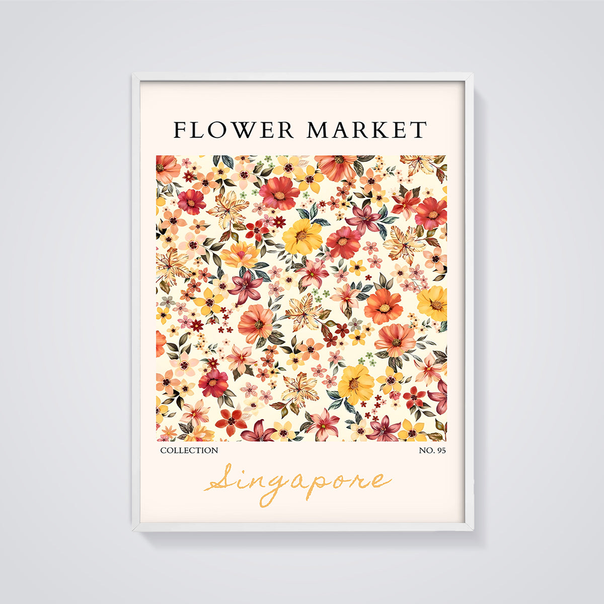 Flower Market Singapore Print framed in white on a grey background
