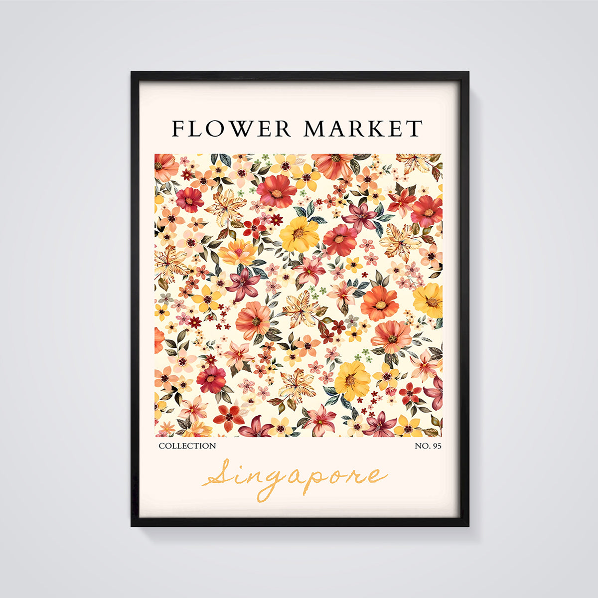 Flower Market Singapore Print framed in black on a grey background