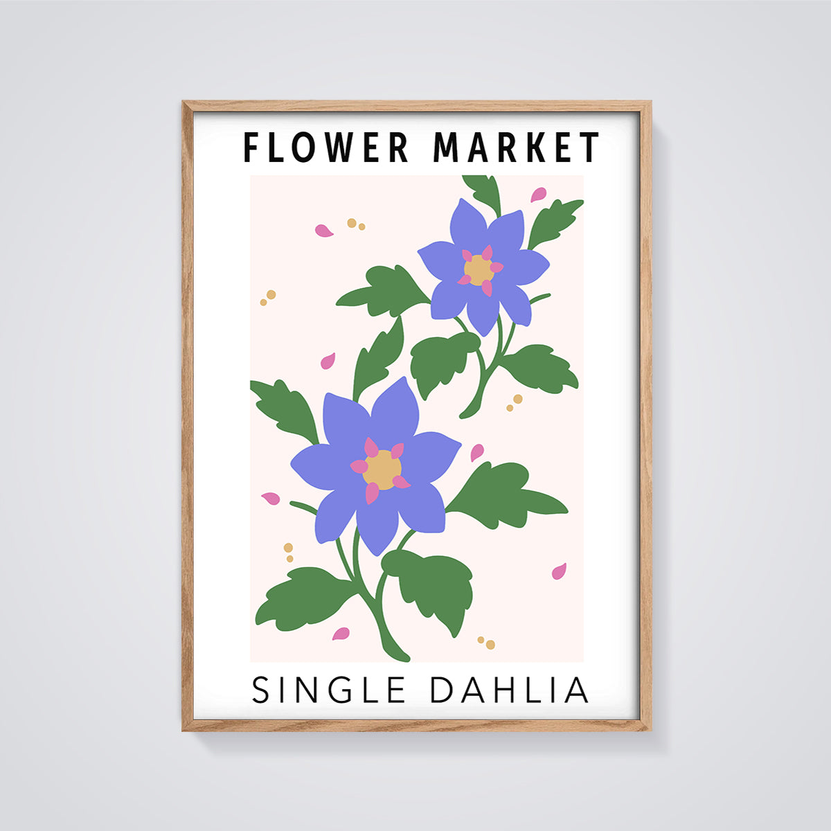 Flower Market Single Dahlia Print framed in oak on a grey background
