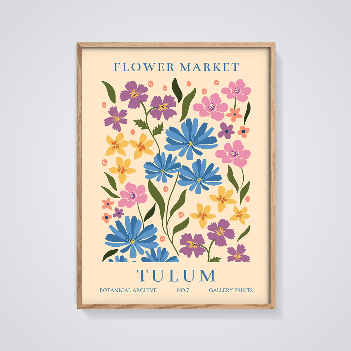 Flower Market Tulum Print framed in oak on a grey background