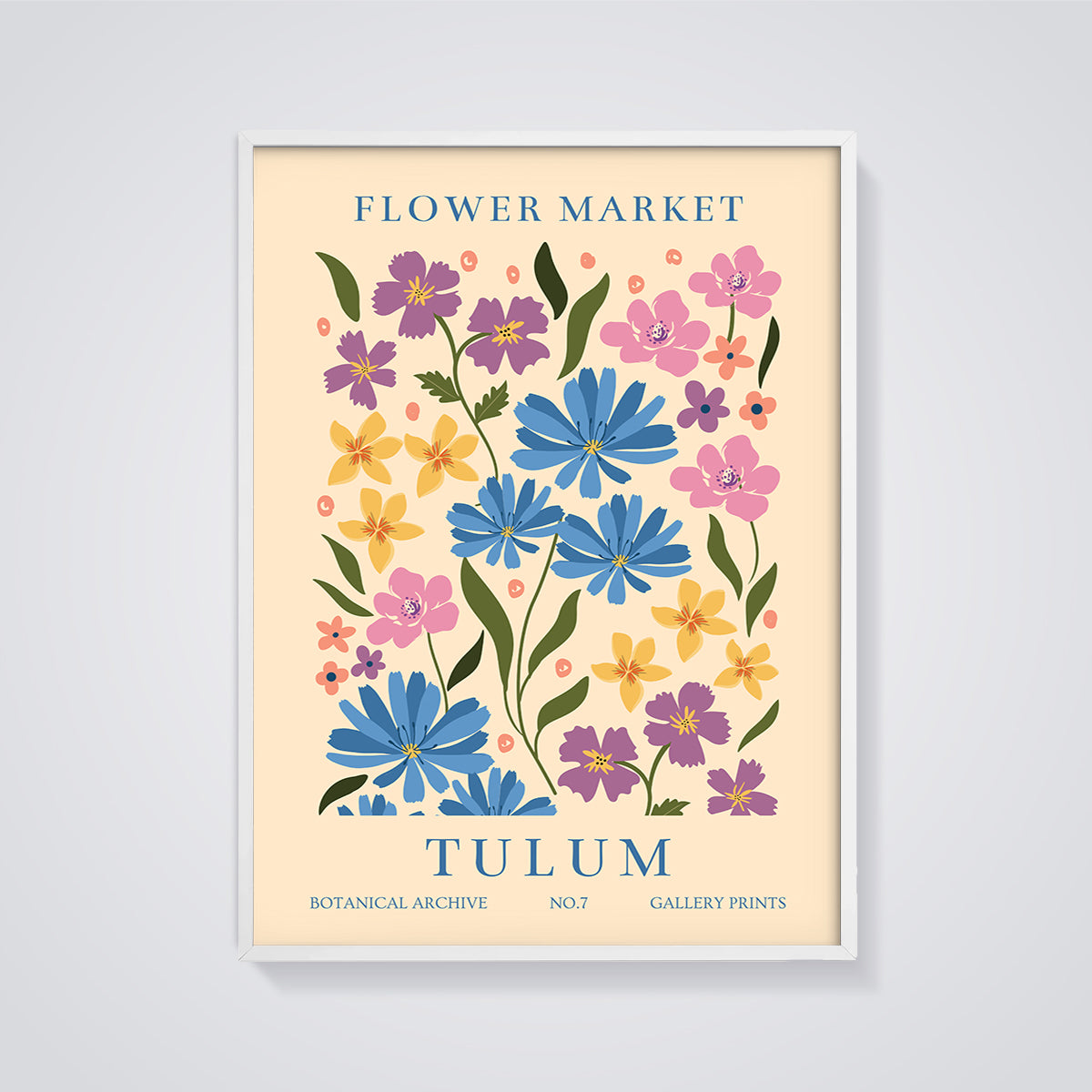 Flower Market Tulum Print framed in white on a grey background