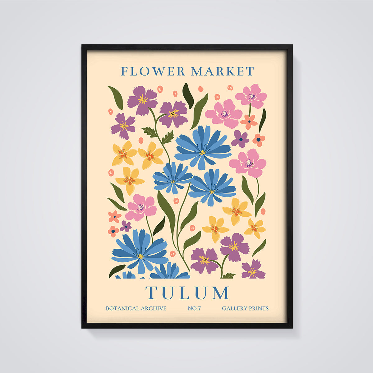 Flower Market Tulum Print framed in black on a grey background