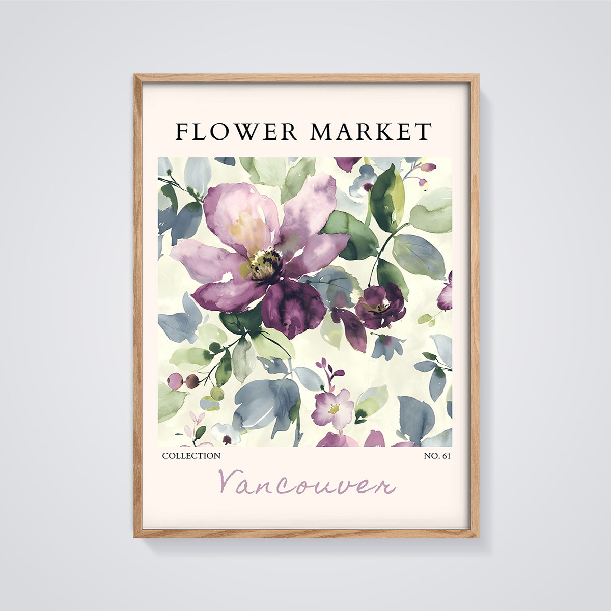Flower Market Vancouver Floral Print framed in oak on a grey background