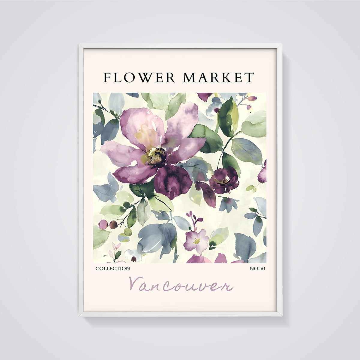 Flower Market Vancouver Floral Print framed in white on a grey background