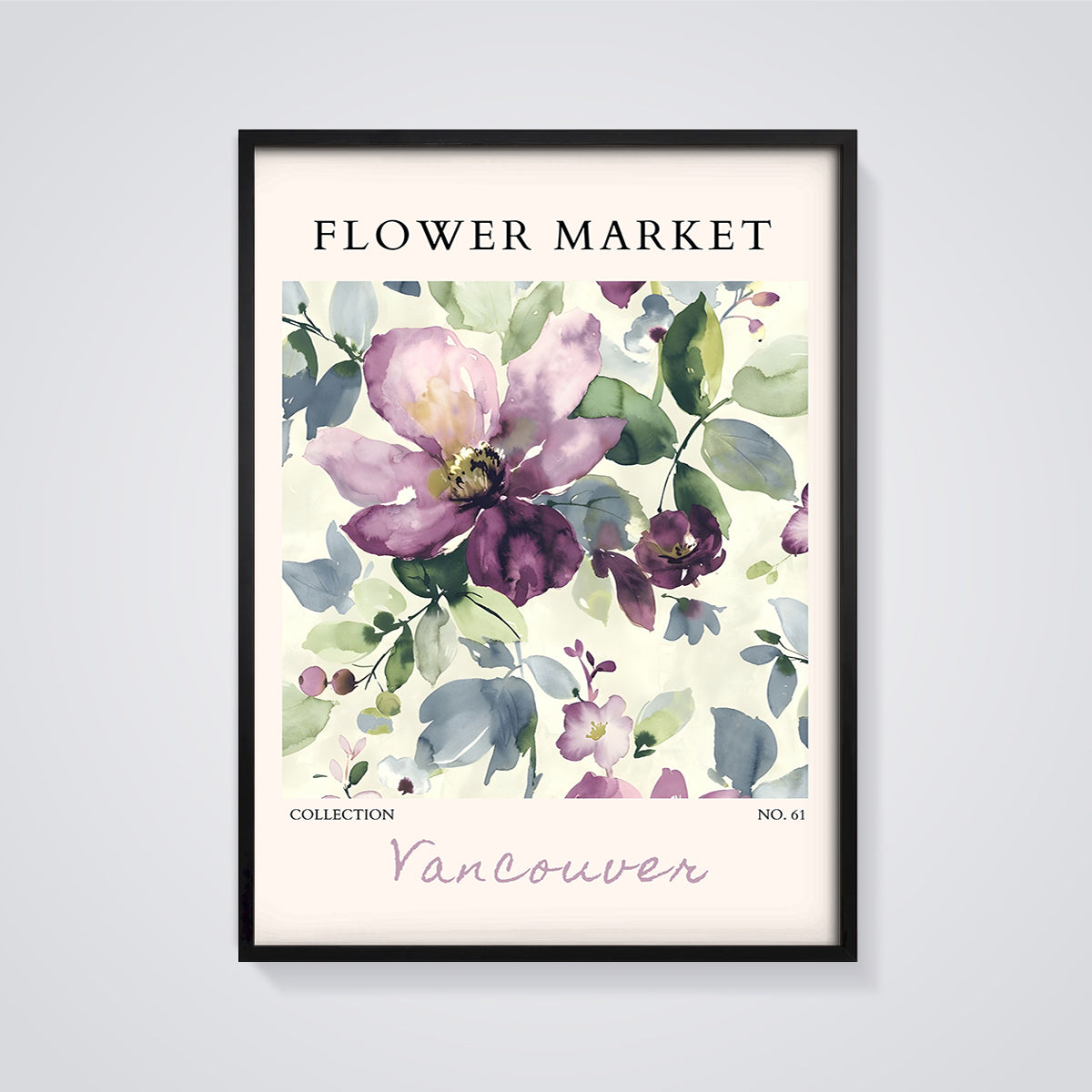 Flower Market Vancouver Floral Print framed in black on a grey background
