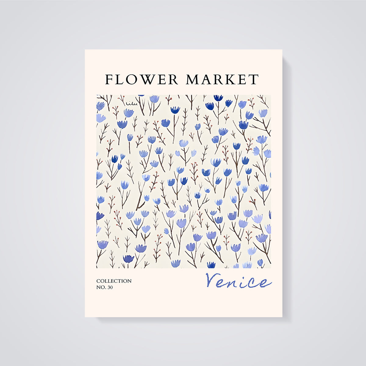 Flower Market Venice Blue Flowers Print unframed on a grey background