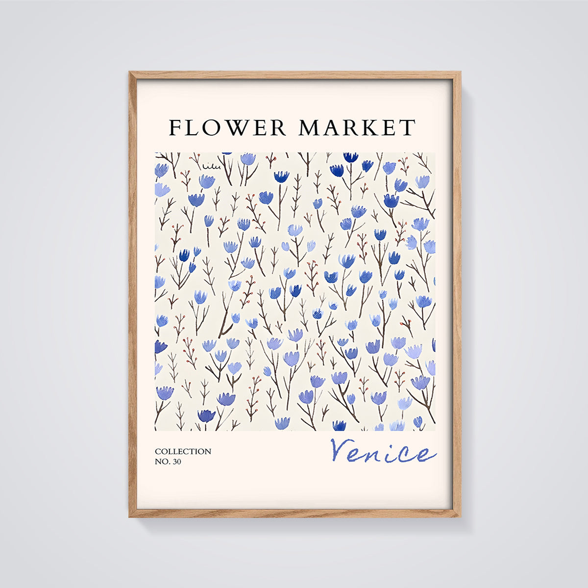 Flower Market Venice Blue Flowers Print framed in oak on a grey background